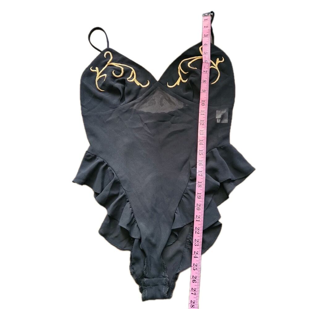 Vtg Josie Natori Black Sheer Teddy Gold Embroidery Ruffle Lingerie Bodysuit S - Picture 6 of 8